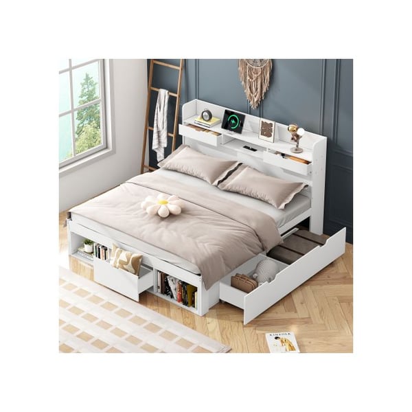 Dubbel säng - MUVOE - 140x200 cm - Med USB-port - Förvaringslådor - Vit
