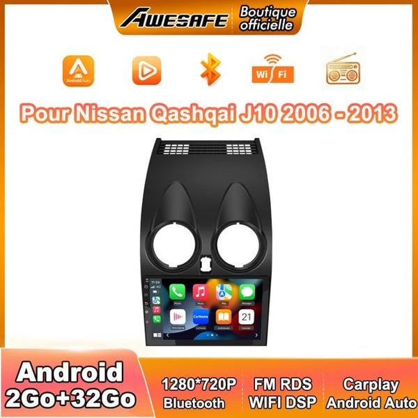 AWESAFE Autoradio Android 13 för Nissan Qashqai J10 (2006-2013) 2Go+32Go 9'' pekskärm Carplay GPS WiFi Bluetooth Android Auto