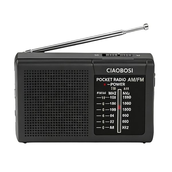 Mini fickradio med FM- och AM-band, teleskopantenn och svart högtalare