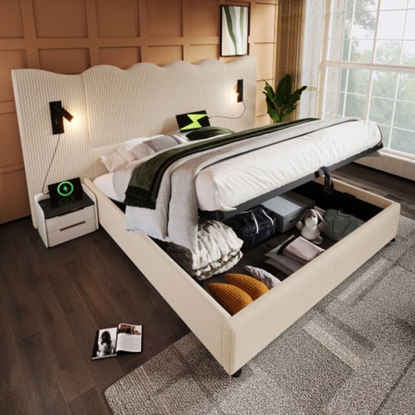 Dubbelbädd med knappar - MUVOE - 180 x 200 cm - Beige - Ribbat sammetstyg - USB-C läslampa