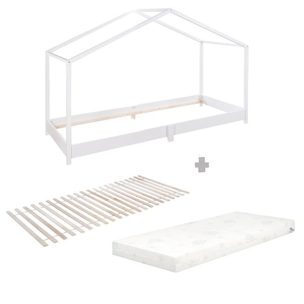 Säng Cabane au Sol 90 x 200 cm - ROBA - Montessori-säng med rullad madrass och ribbotten - Vit