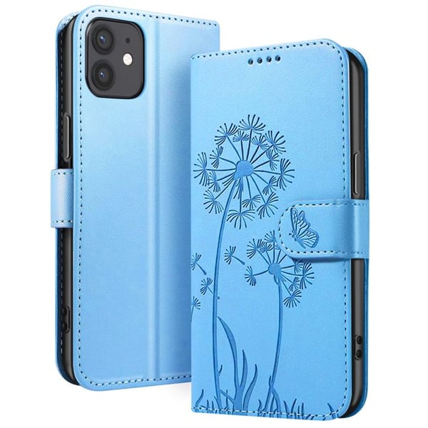 Plånboksfodral - ZANAÉ - iPhone 12 / 12 Pro - Syntetläder - Blommor och fjärilar mönster - Ljusblå