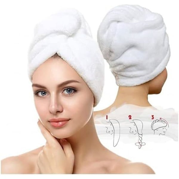 Badhandduk - Paket med 2 - 100 % bomull - Turban med knapp - Vit Badhandduk - Paket med 2 - 100 % bomull - Turban med knapp - Vit