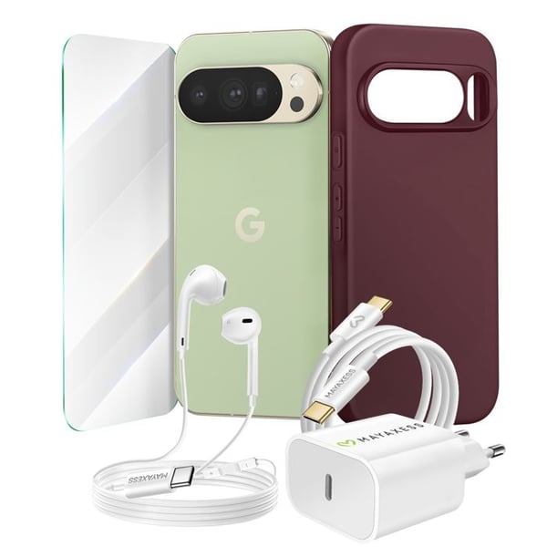 Essentiellt paket för Pixel 10 Pro Fodral, Glas, Laddare, hörlurar (5 delar) Mayaxess Bordeaux
