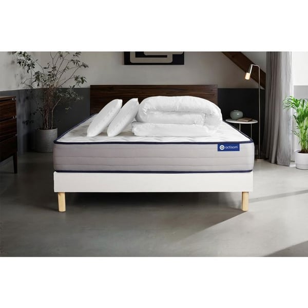 Komplett sängpaket 140x190 cm - Madrass + Sängbotten Vit (i kit) + 2 kuddar + Täcke - Actilatex F