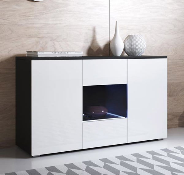 DESIGN AMEUBLEMENT - Lågt skåp modern - 3 dörrar LED-belysning - Svart/Vit - 120x72x40 cm