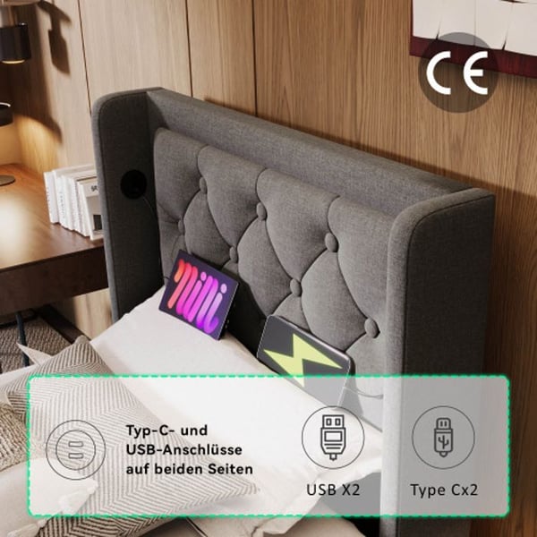Sovesofa - MUVOE - 90x200 cm - Polstret grå - Hydraulisk opbevaring - USB Type-C