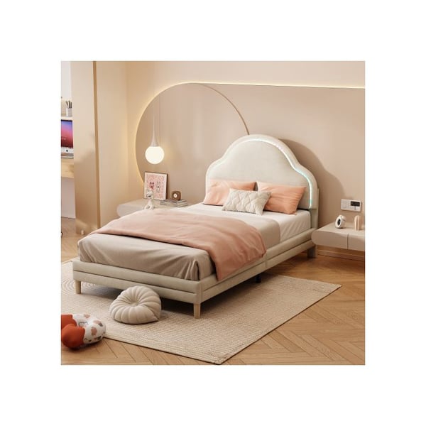 Lit simple - MUVOE - 90x200 cm - Hovedgærde sky - Beige velour - Multikolore lysstriber