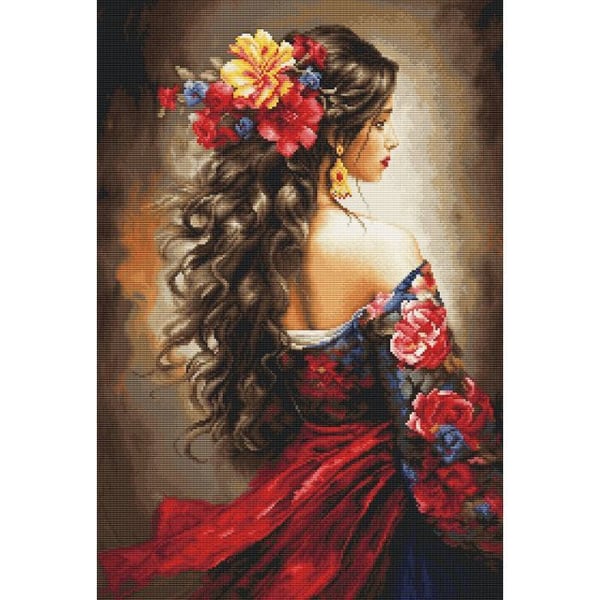 Korsstygnsset - Den spanska flickan - 30x44 cm - Aida 16ct (6,4 punkter/cm) - 64 färger