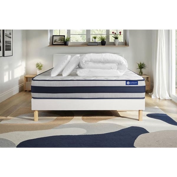 Komplett sängpaket 140x190 cm - Madrass + Sängbotten Vit (i kit) + 2 kuddar + Täcke - Actiflex Er
