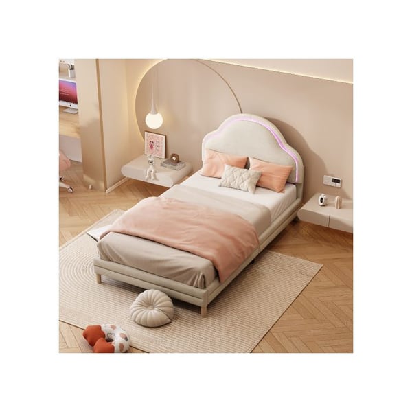 Lit simple - MUVOE - 90x200 cm - Hovedgærde sky - Beige velour - Multikolore lysstriber