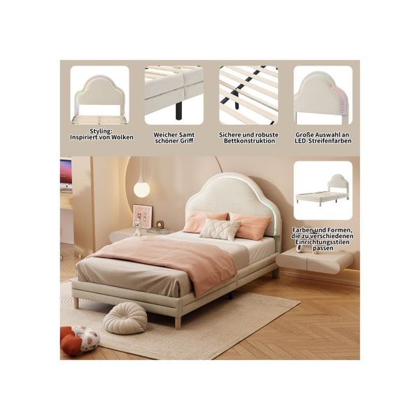 Lit simple - MUVOE - 90x200 cm - Hovedgærde sky - Beige velour - Multikolore lysstriber
