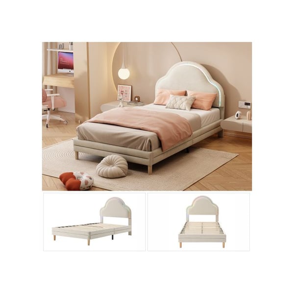 Lit simple - MUVOE - 90x200 cm - Hovedgærde sky - Beige velour - Multikolore lysstriber