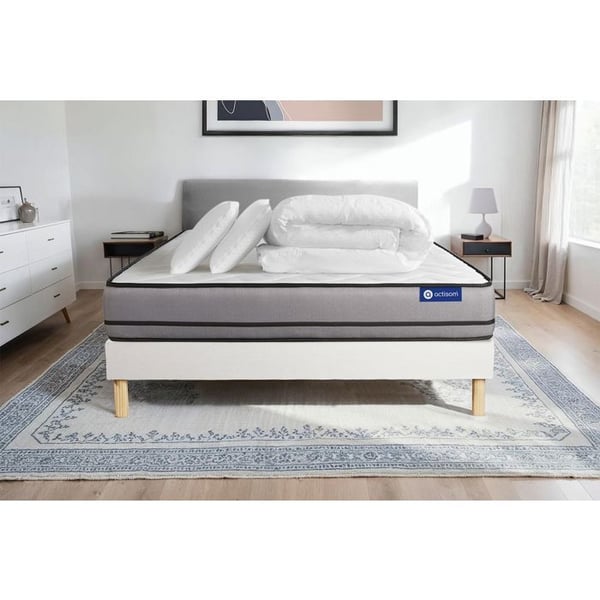 Komplett sängpaket 200x200 cm - Madrass + Sängbotten Vit (i kit) + 2 kuddar + Täcke - Actimemo Ni