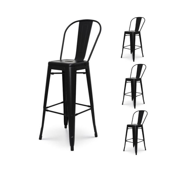 Set med 4 svarta metallbarstolar i industriell stil - Med högt ryggstöd - Höjd 76 cm