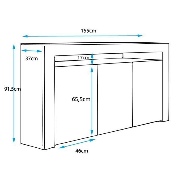 Buffé Mycket 3 dörrar LED | 155 x 91,5 x 37cm | Färg Svart | Matt yta | Förvaring | AKER