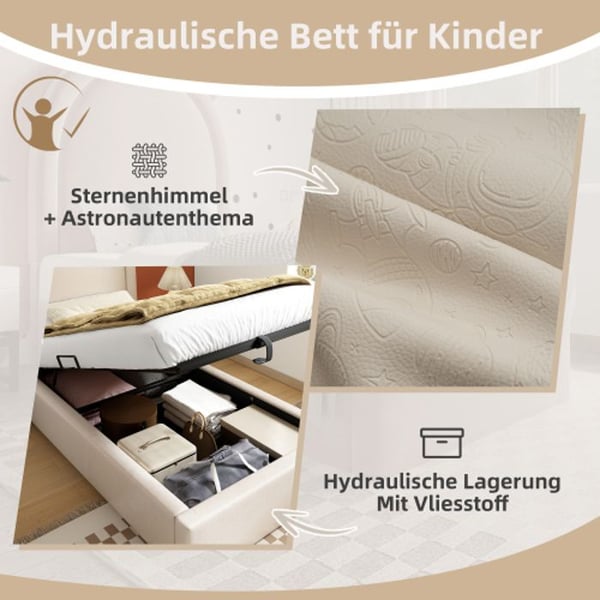 Barneseng - MUVOE - 90 x 190 cm - Beige - Polstret - Indbygget opbevaringsplads