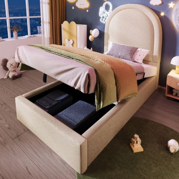 Barneseng - MUVOE - 90 x 190 cm - Beige - Polstret - Indbygget opbevaringsplads