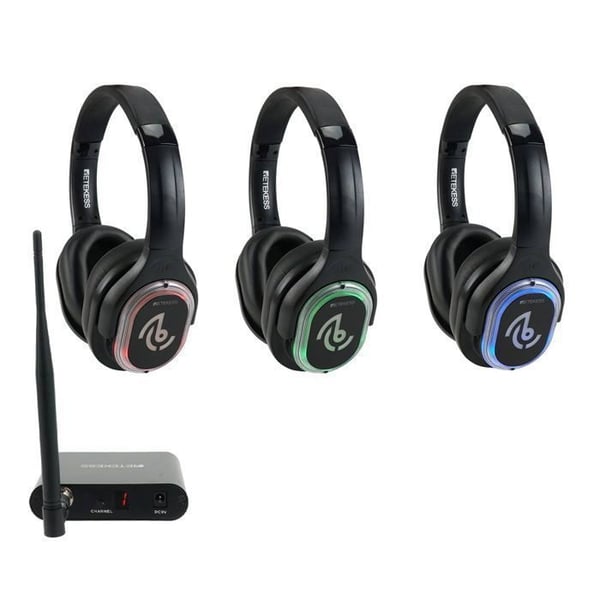 Retekess TA004 Trådlösa TV-hörlurar, Silent Disco startkit, räckvidd 200m, 3 hörlurar, hörlursset för fester