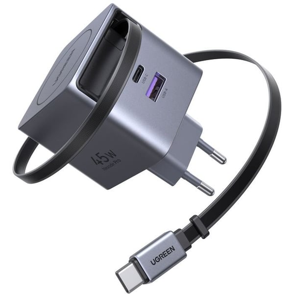 Nätadapter - UGREEN - 65W - USB-A och USB-C - Retractable