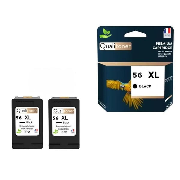 Pack med 2 återvunna QUALITONER HP 56XL Svart 22 ml – kompatibla med HP