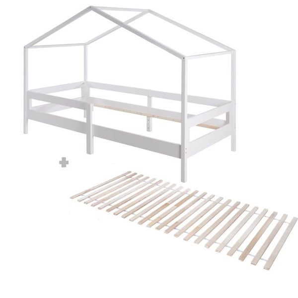 Lit Cabane Enfant 90x200 - ROBA - Design Montessori - Säkerhetsbarriär - Massiv Trä - Vit