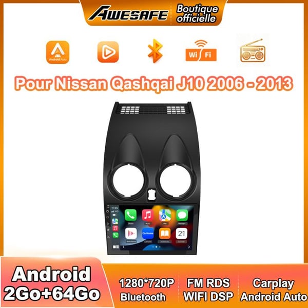 AWESAFE Autoradio Android 13 för Nissan Qashqai J10 (2006-2013) 2Go+64Go 9'' pekskärm Carplay GPS WiFi Bluetooth Android Auto