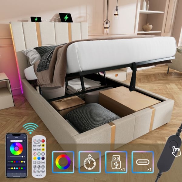 Polstret seng - MUVOE - 90 x 200 cm - USB Type C ladefunktion - LED belysning - Opbevaring under sengen