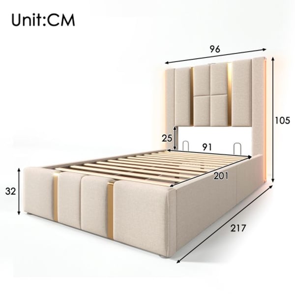 Polstret seng - MUVOE - 90 x 200 cm - USB Type C ladefunktion - LED belysning - Opbevaring under sengen