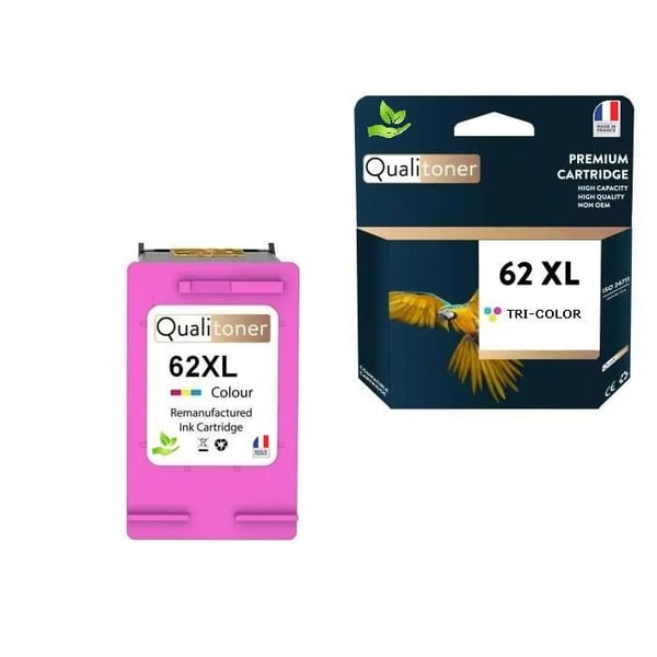 62XL tillverkad i Frankrike, 1 återvunnen bläckpatron för HP 62 XL Färg C2P06AE/C2P07AE kompatibel med Envy 5540 5640 5642 56