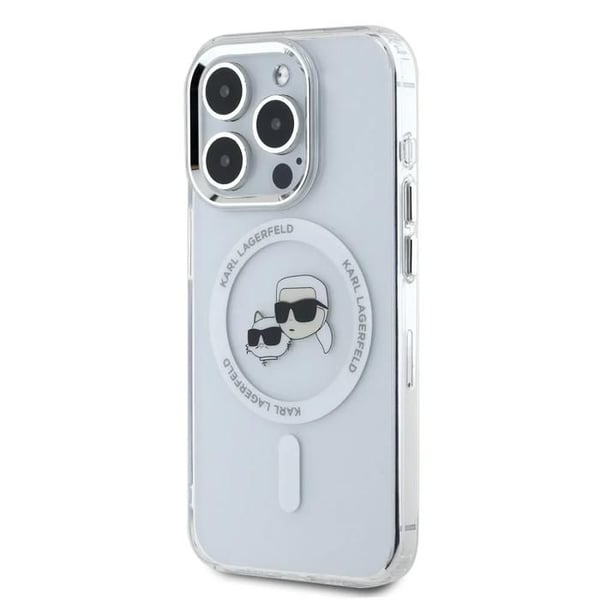 Skydd för iPhone 16 Pro Max - KARL LAGERFELD - Tête Karl&Choupette - Vit Metall - IML - Elegant