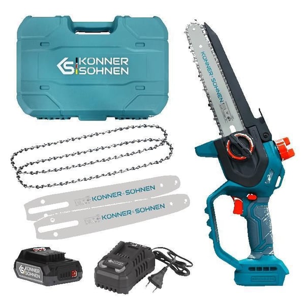 Batteridriven mini-kedjesåg KS MCS20V-8 Case med 8" svärd och kedjehastighet på 8 m/s, med laddare för 20V batteri