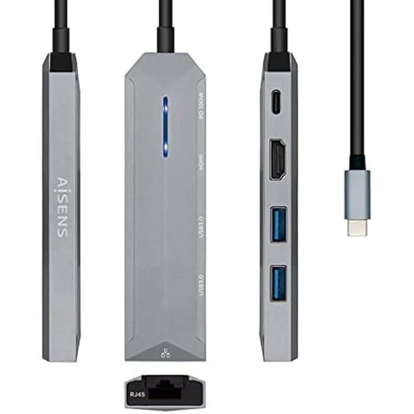Dock USB-C 5 i 1 - AISENS - HDMI, RJ45, 2xUSB, PD - Grå - 15 cm