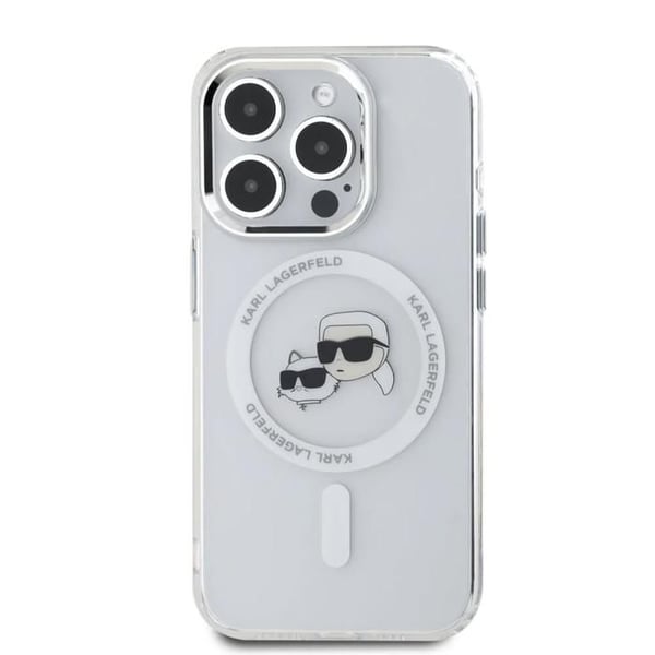 Skydd för iPhone 16 Pro Max - KARL LAGERFELD - Tête Karl&Choupette - Vit Metall - IML - Elegant