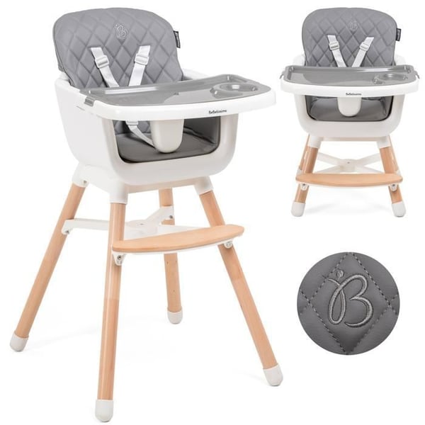 Bebelissimo - 2 i 1 barnstol - Skalbar - Justerbar - Bokträ - PU-läder - mörkgrå -HA-032 - ny design