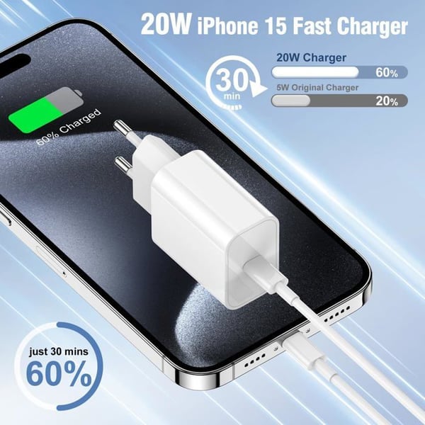 Hurtigoplader - Apple - iPhone 16 - 20W - USB-C - Kabel 2m
