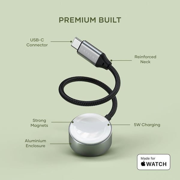 Opladningskabel - SATECHI - Apple Watch - MFi - 5W - USB-C - 19 cm - Grå