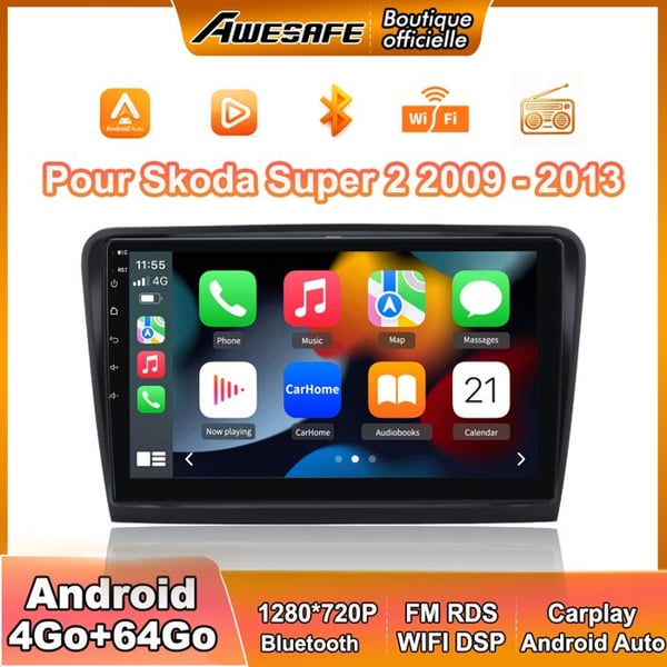 AWESAFE Autoradio Android 13 för Skoda Super 2 (2009-2013) 4Go+64Go 9'' pekskärm med Carplay GPS Bluetooth Android Auto