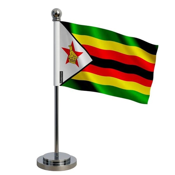 Zimbabwes flagga – 14 x 21 cm – Polyester – Sockel i rostfritt stål – Pixelforma