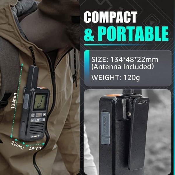 Retevis RB667 Talkie Walkie Mini, PMR446 1600mAh USB-C, LCD-skärm, Gruppanrop VOX med hörlurar för vandring, camping (2 st)