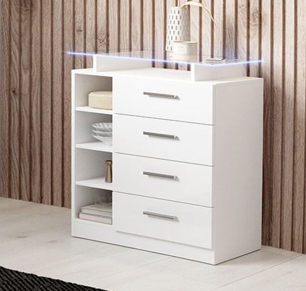 DESIGN AMEUBLEMENT - Modernt hallmöbel - 4 lådor - Blankvit - Melamin - Blå LED - L 80 x D 35 x H 87,5 cm