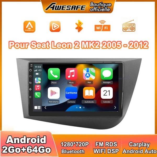 AWESAFE Autoradio Android 13 för Seat Leon 2 MK2 (2005-2012) 2Go+64Go 9'' pekskärm med Carplay GPS Bluetooth Android Auto