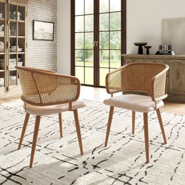Spisestuestole - MUVOE - Sæt af 2 - Rattan ryg - PU læder puder - Ergonomisk design