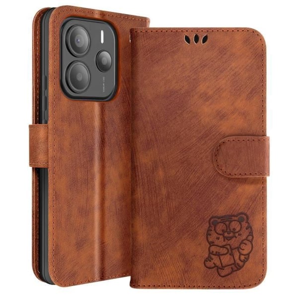 Plånboksfodral - Xiaomi - Redmi Note 14 5G - Kawaii Tiger Mönster - Brun - Syntetiskt Läder