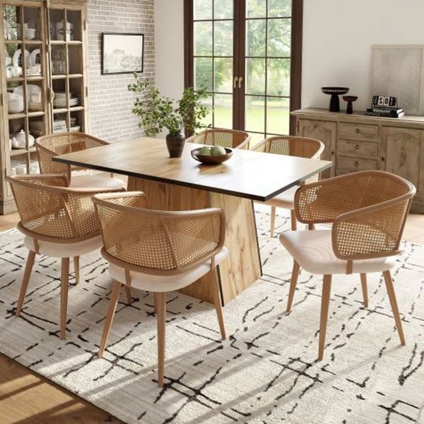 Spisestuestole - MUVOE - Sæt af 2 - Rattan ryg - PU læder puder - Ergonomisk design