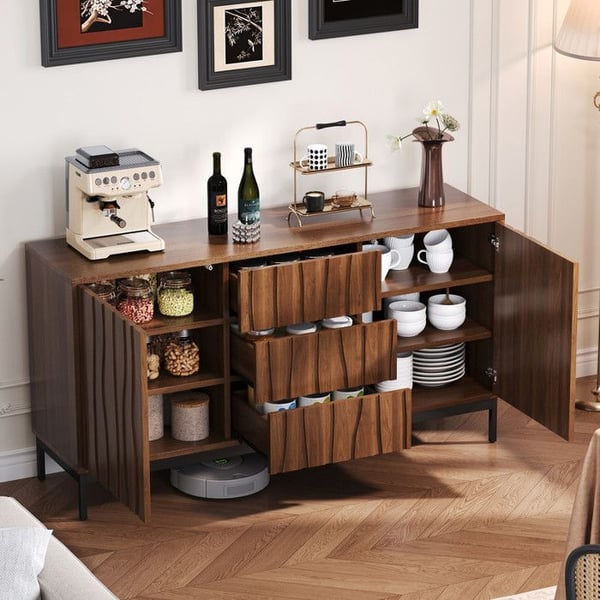 Buffet bas - MUVOE - 150 cm - Mørk eg - 3 skuffer - Justerbare hylder