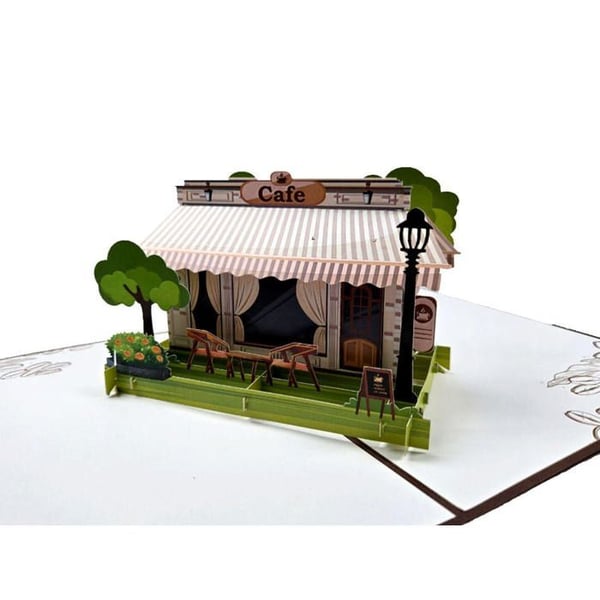 3D pop-up-kort Kafé-scen, handgjort pop-up-kort med mönster av gatukaffe, vintage-design, födelsedagskort