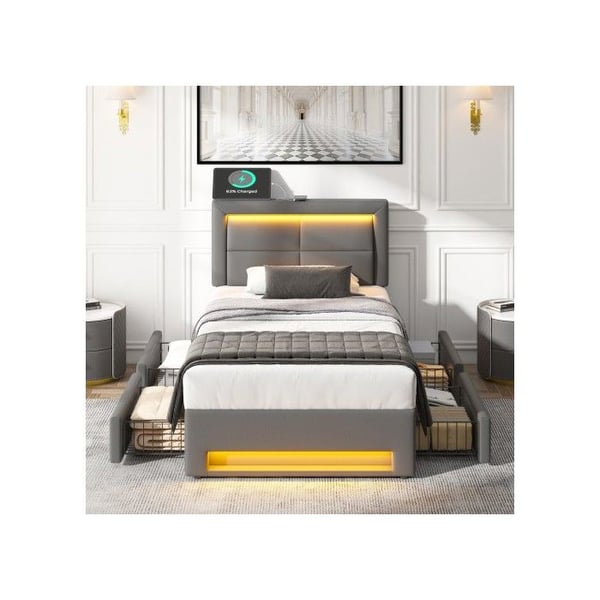 Polstret seng - MUVOE - 90x200 cm - med USB-port - LED-belysning - 4 grå skuffer