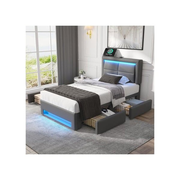 Polstret seng - MUVOE - 90x200 cm - med USB-port - LED-belysning - 4 grå skuffer