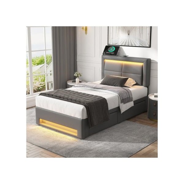 Polstret seng - MUVOE - 90x200 cm - med USB-port - LED-belysning - 4 grå skuffer